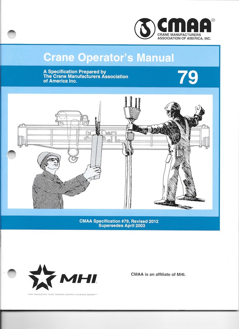 The Specification No. 79 front cover includes a title, an illustration of overhead crane operation plus CMAA and MHI logos.